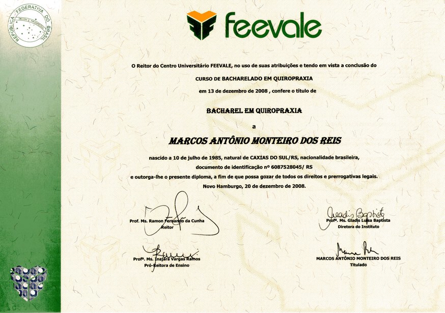 Diploma de Bacharel em Quiropraxia, Universidade Feevale