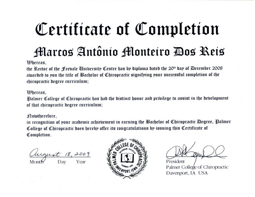 Certificate of Completion, Palmer College of Chiropractic